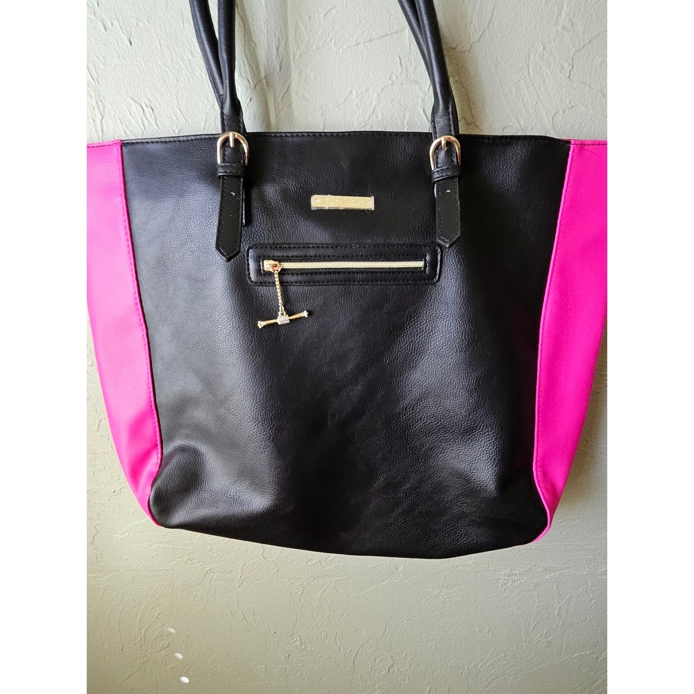 Juicy Couture‎ Black Pink Tote Bag Gold Hardware Zip Pocket Shoulder Bag - Picture 2 of 9